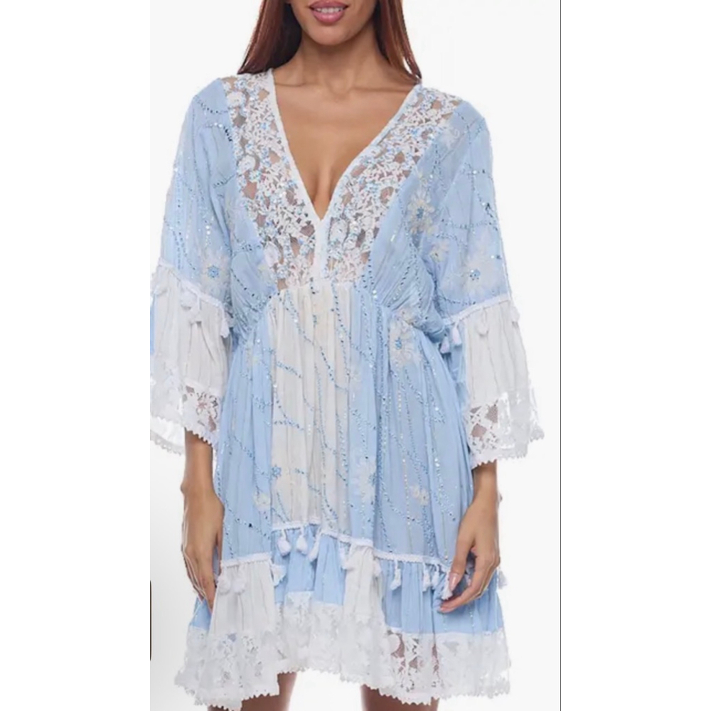 RANEES Blue & White Lace Bell Sleeve Minidress Cover up OS Sold out Style!